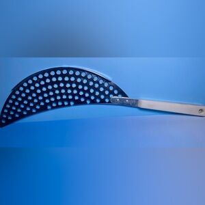 Vintage British NEVCO Pot/ Pan STRAINER Stainless White handle 13.5” Hong Kong